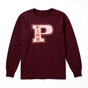 Victoria’s Secret PINK Varsity Logo Long Sleeve Crewneck Tee Burgundy M NWT